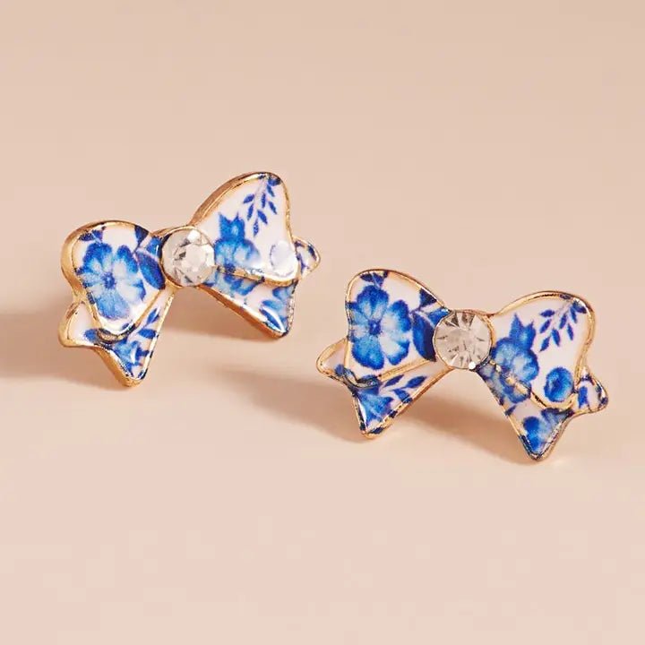 Flower Print On Enamel Bow Titanium Post Earrings - Nifty Decor & More