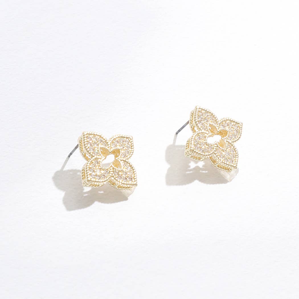 Four Leaf Floral Shape CZ Post Stud Earrings