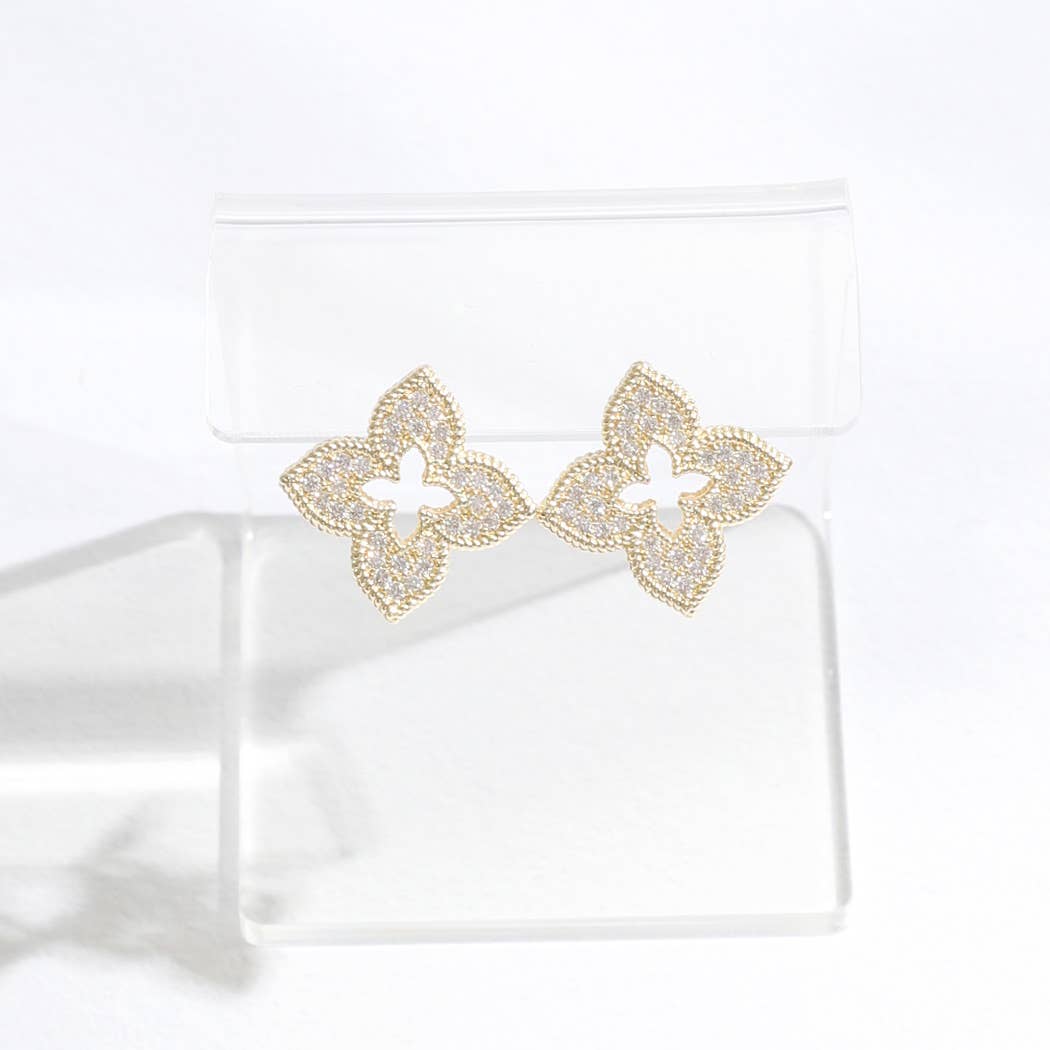 Four Leaf Floral Shape CZ Post Stud Earrings