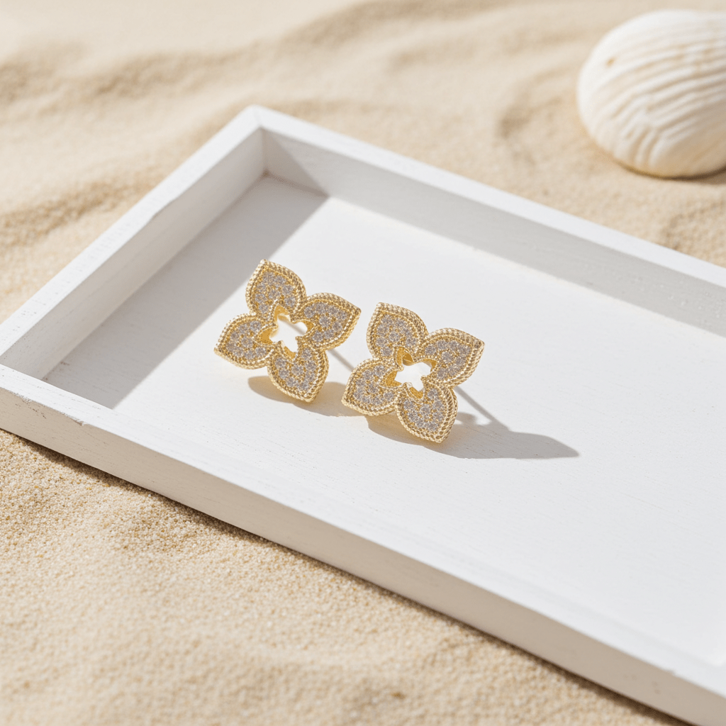 Four Leaf Floral Shape CZ Post Stud Earrings - Nifty Decor & More