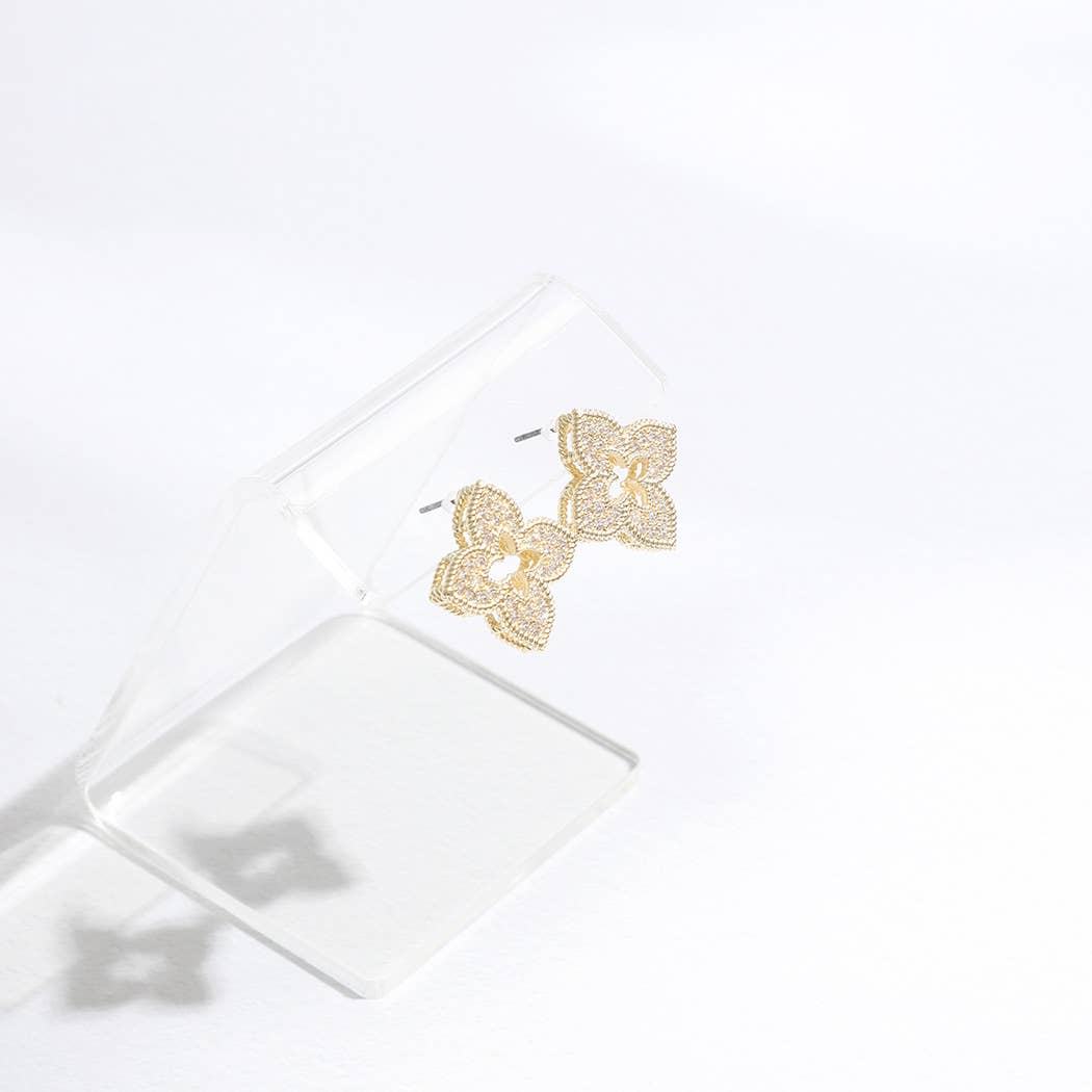 Four Leaf Floral Shape CZ Post Stud Earrings
