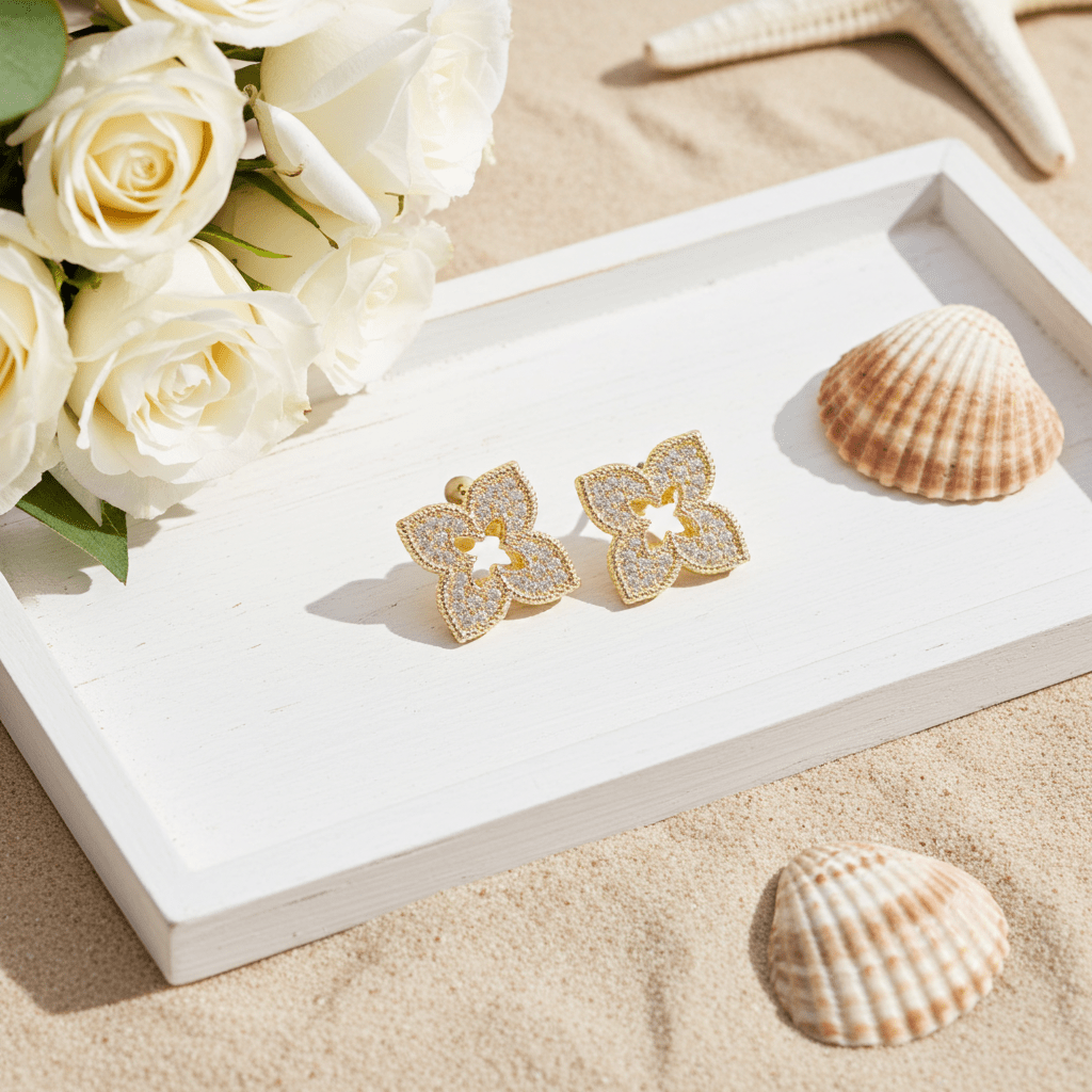 Four Leaf Floral Shape CZ Post Stud Earrings - Nifty Decor & More