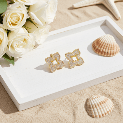 Four Leaf Floral Shape CZ Post Stud Earrings - Nifty Decor & More