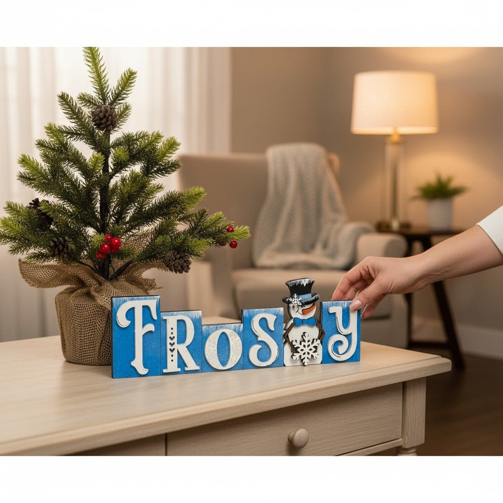 Frosty Word Block Snowman Winter Decor Blue and White Christmas Shelf Sitter - Nifty Decor & More