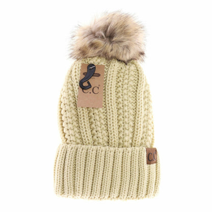 Customizable Winter Beanie with Fur Pom, Warm Soft Acrylic Hat with Embroidery, Stylish Cold Season Essential, Unique Gift Idea Beanie