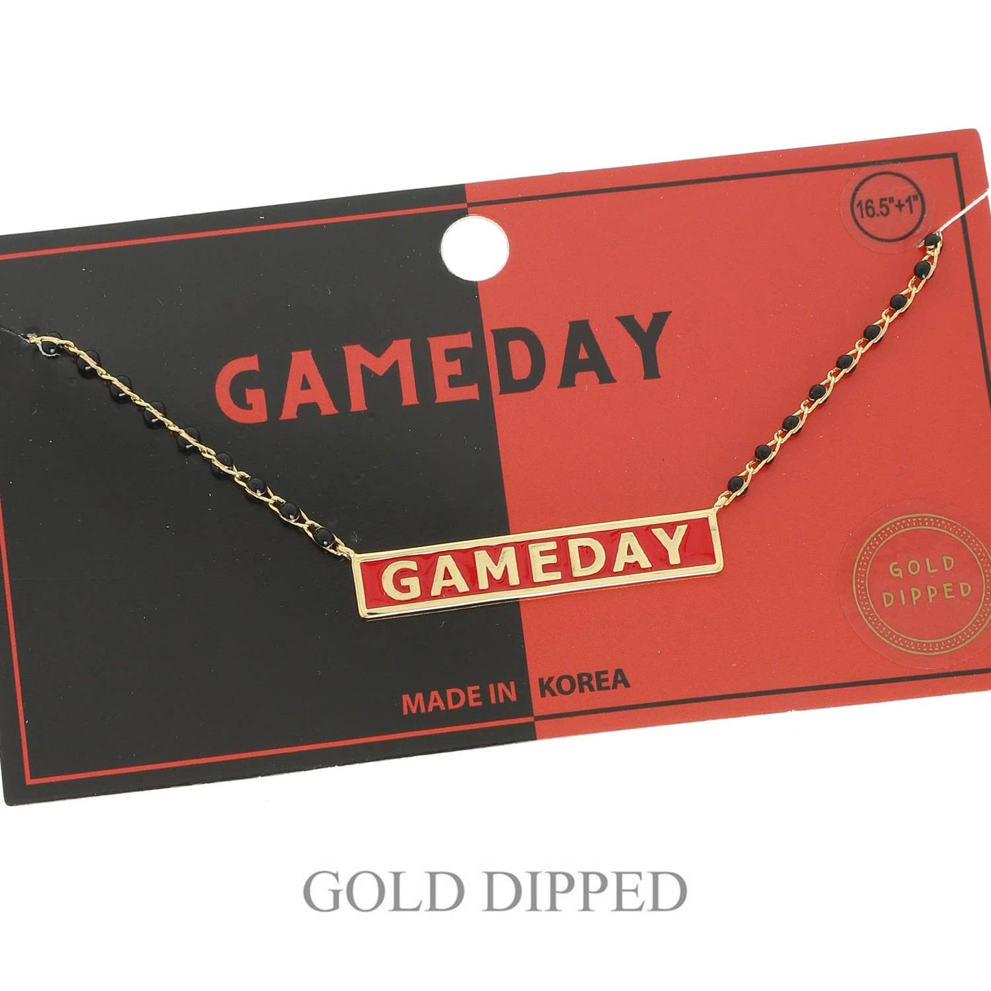 Gold 'GAMEDAY' necklace on a black and red card with 'GOLD DIPPED' text.