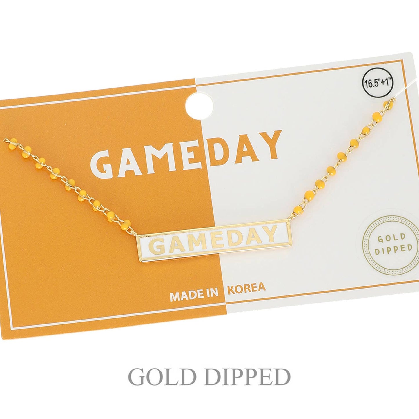 Gold-dipped 'GAMEDAY' necklace on a branded card with 'MADE IN KOREA' text.