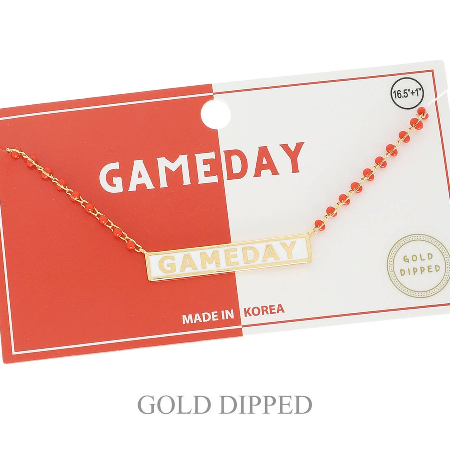 Gold 'GAMEDAY' necklace on a red and white card with 'MADE IN KOREA' text.