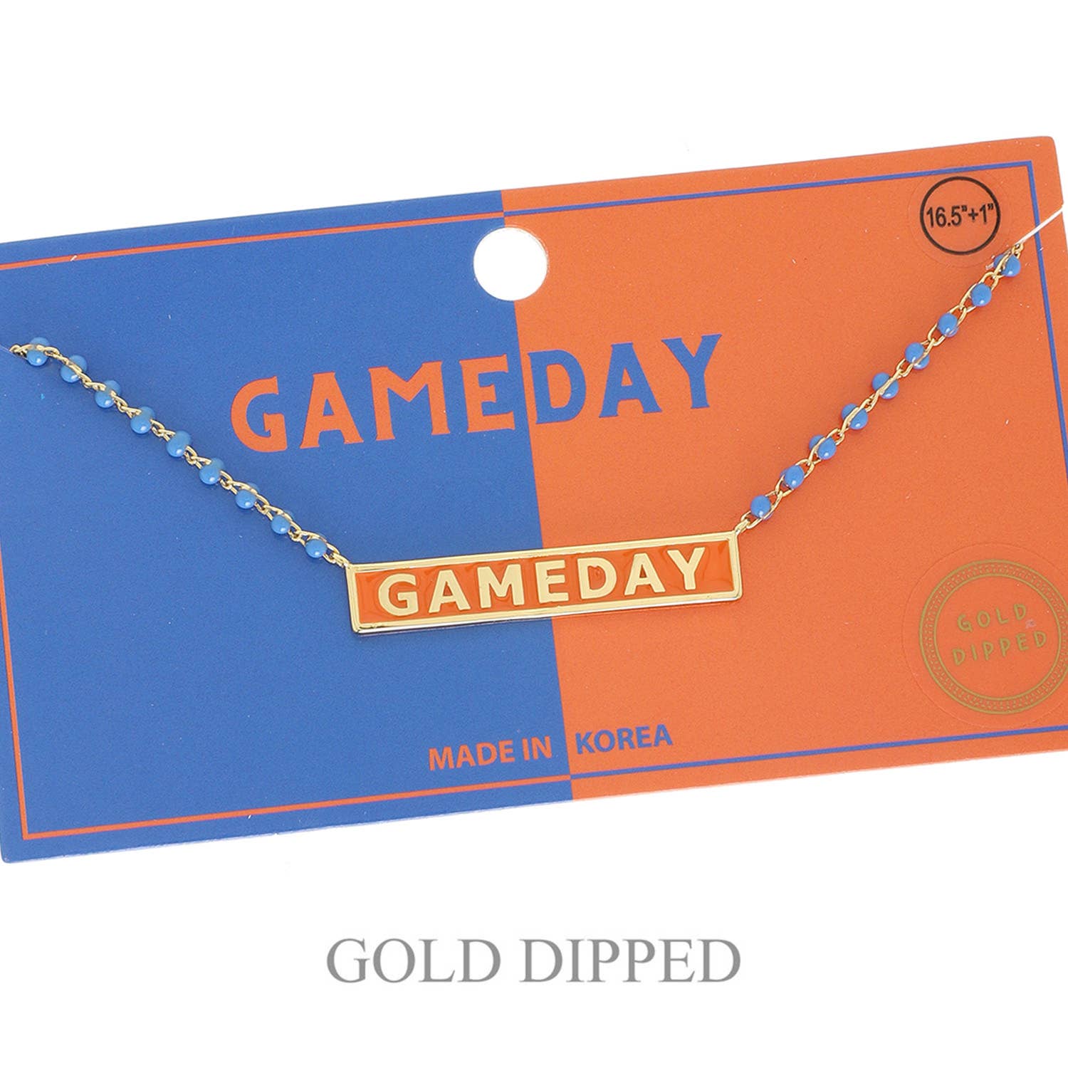 Gold-dipped 'GAMEDAY' necklace on a blue and orange card with 'MADE IN KOREA' text.