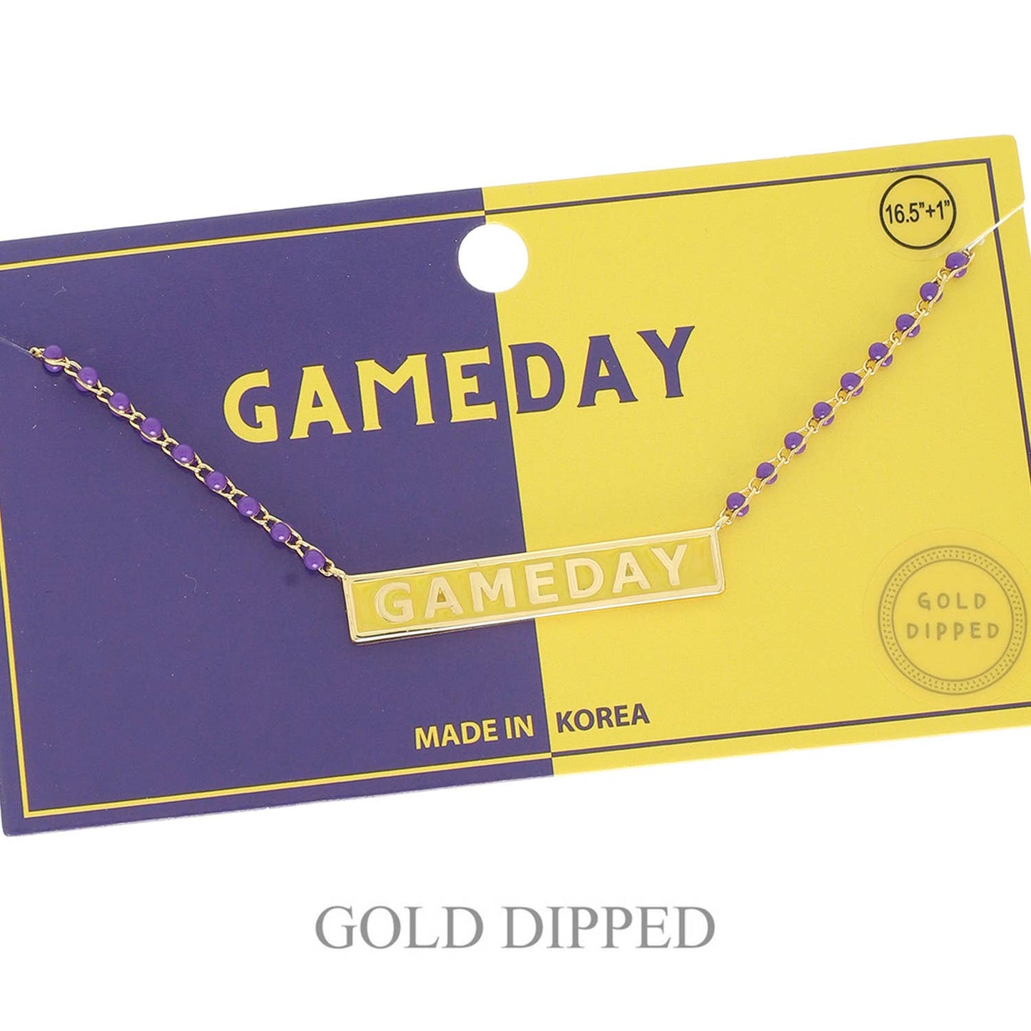 Necklace with 'GAMEDAY' pendant on a 'GAMEDAY' branded card, gold dipped, made in Korea.