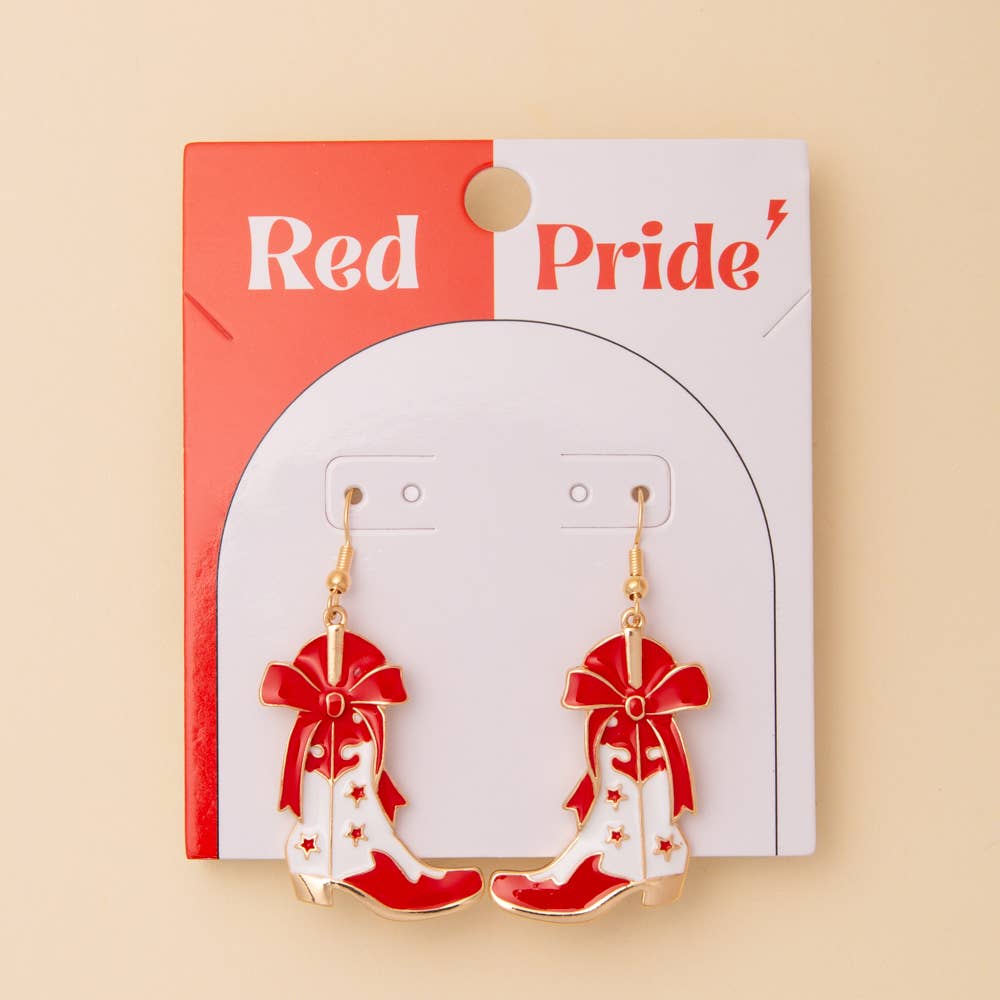 Game Day Western Two-Tone Enamel Cowboy Boot Dangle Earrings Red White