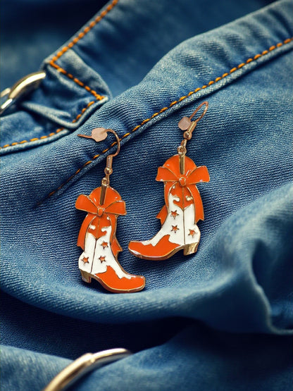 Game Day Western Two-Tone Enamel Cowboy Boot Dangle Earrings Orange White