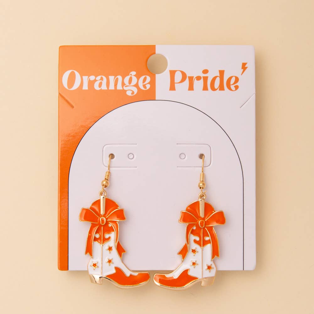 Game Day Western Two-Tone Enamel Cowboy Boot Dangle Earrings Orange White