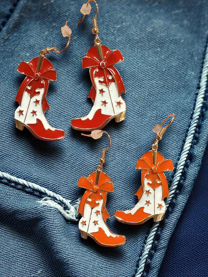 Game Day Western Two-Tone Enamel Cowboy Boot Dangle Earrings