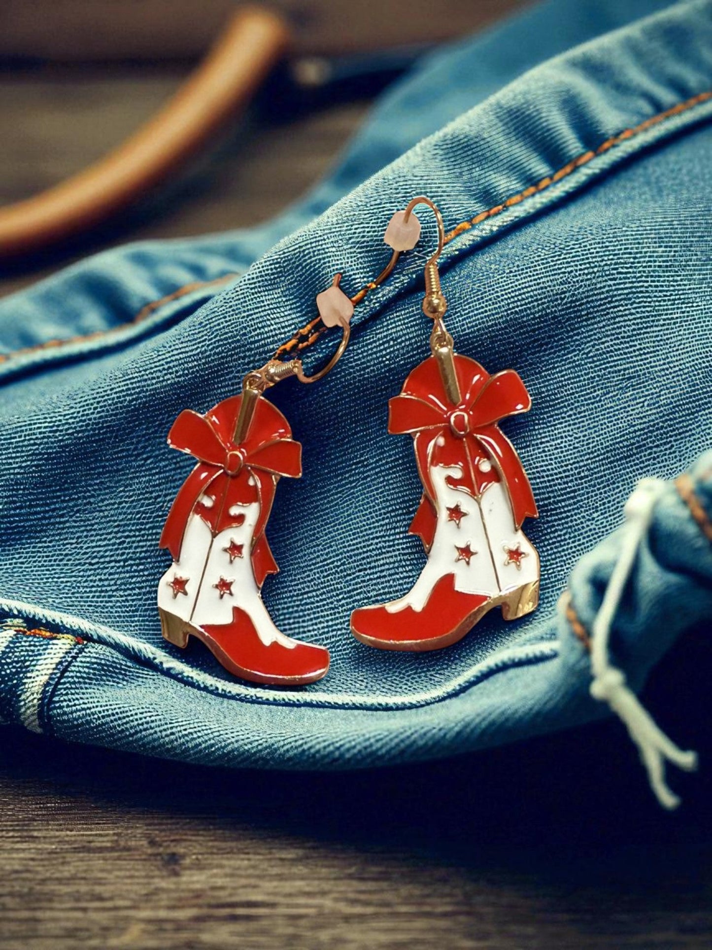 Game Day Western Two-Tone Enamel Cowboy Boot Dangle Earrings Red White
