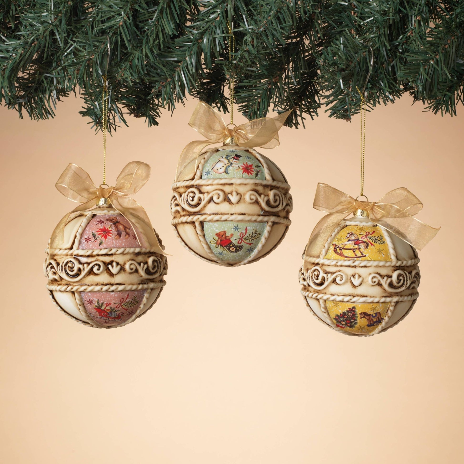 Gerson Company 4.5"H 100MM Glass Ball Ornament, 3 Asst Christmas Ornament