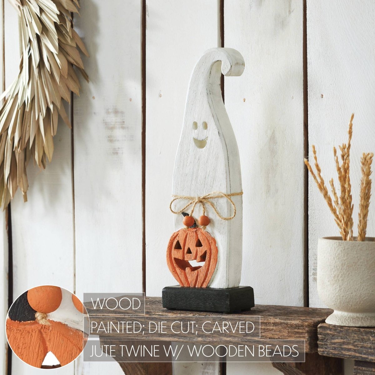 Ghost with Pumpkin Wood Figurine, 12.5" Halloween Decor - Nifty Decor & More