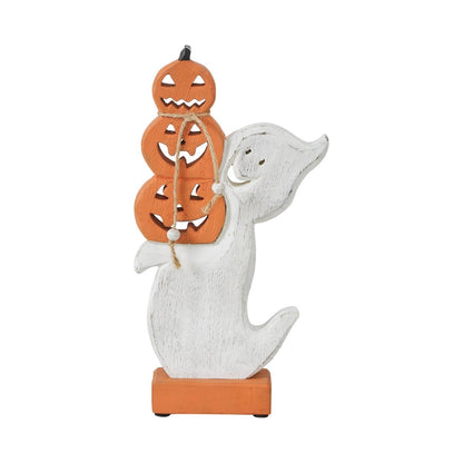 Ghost with Stacked Pumpkins Wood Figurine Halloween Decor - Nifty Decor & More