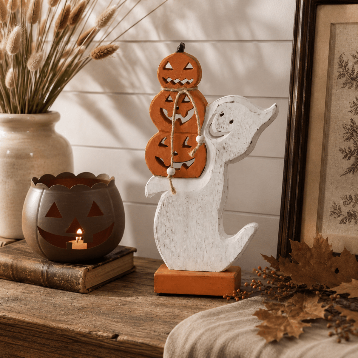 Ghost with Stacked Pumpkins Wood Figurine Halloween Decor - Nifty Decor & More