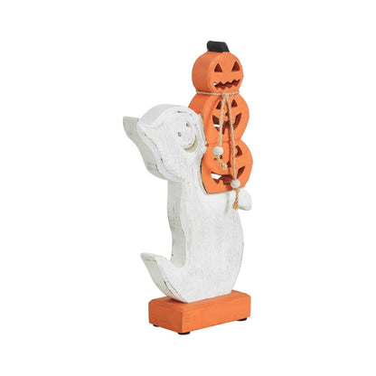Ghost with Stacked Pumpkins Wood Figurine Halloween Decor - Nifty Decor & More
