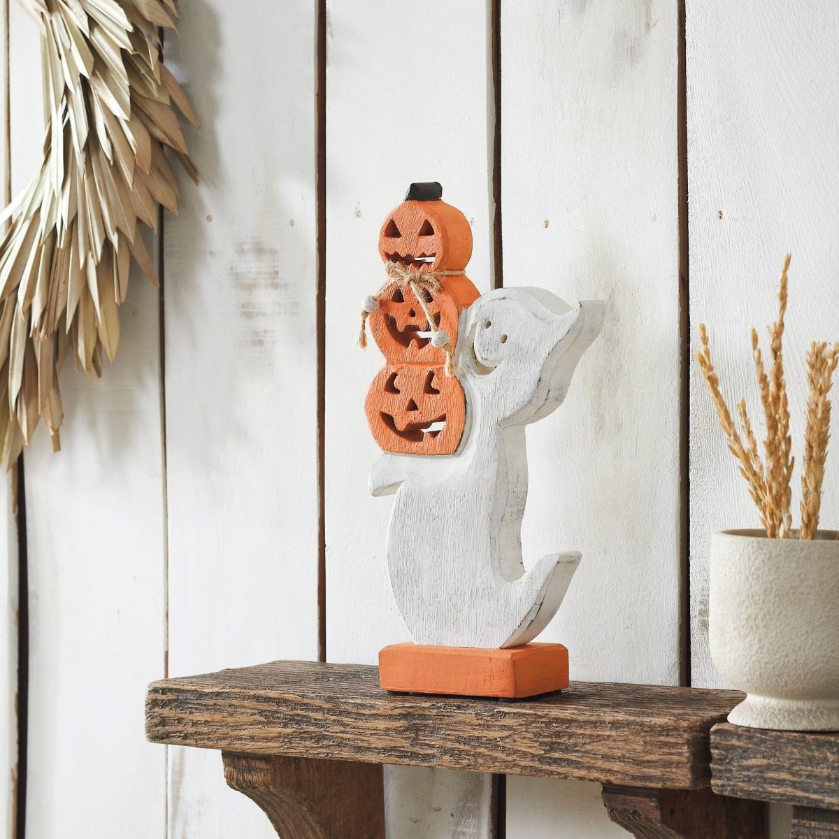 Ghost with Stacked Pumpkins Wood Figurine Halloween Decor - Nifty Decor & More
