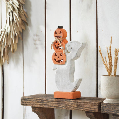 Ghost with Stacked Pumpkins Wood Figurine Halloween Decor - Nifty Decor & More