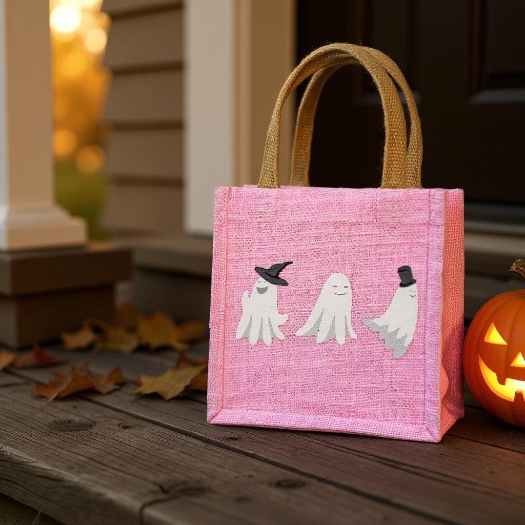 Ghouls Petite Gift Tote, Light Pink White Small Handbag, Perfect for Halloween Surprises, Fun Seasonal Gift Bag - Nifty Decor & More