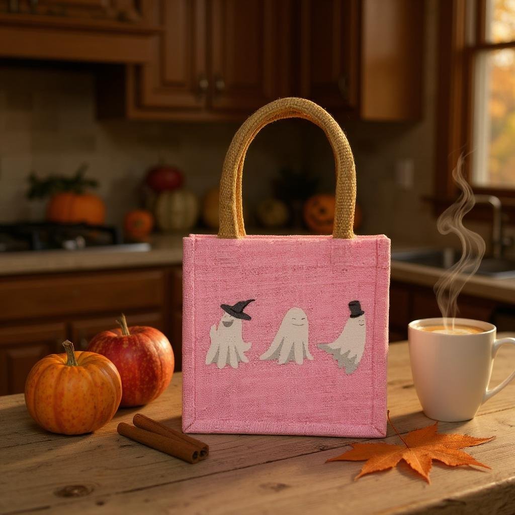 Ghouls Petite Gift Tote, Light Pink White Small Handbag, Perfect for Halloween Surprises, Fun Seasonal Gift Bag - Nifty Decor & More
