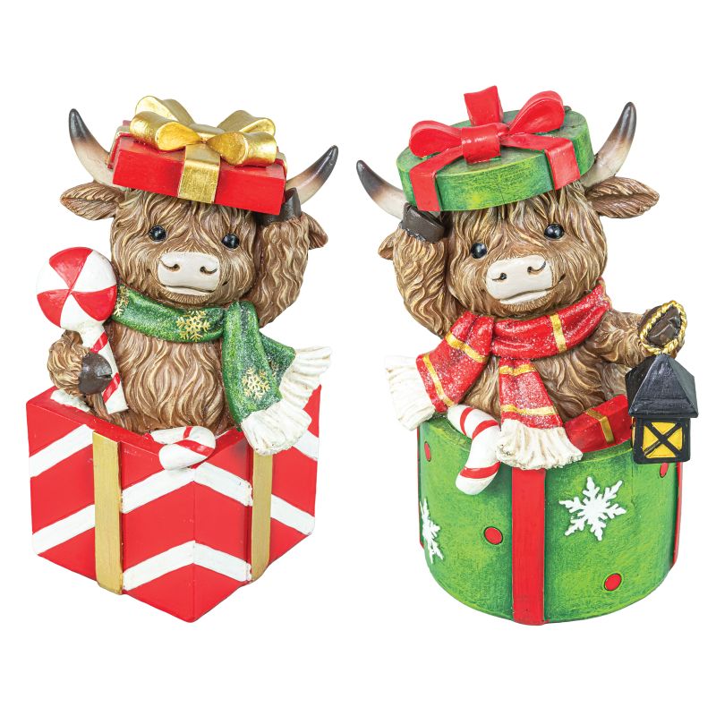 Gift Box Highland Cow Tabletop 2 Asst - Nifty Decor & More