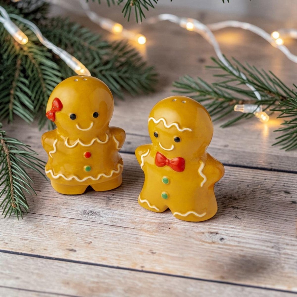 Two gingerbread figurines with white icing-style outlines and small red and green accents, placed on a rustic wooden surface with pine branches and warm string lights in the background.