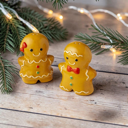 Two gingerbread figurines with white icing-style outlines and small red and green accents, placed on a rustic wooden surface with pine branches and warm string lights in the background.