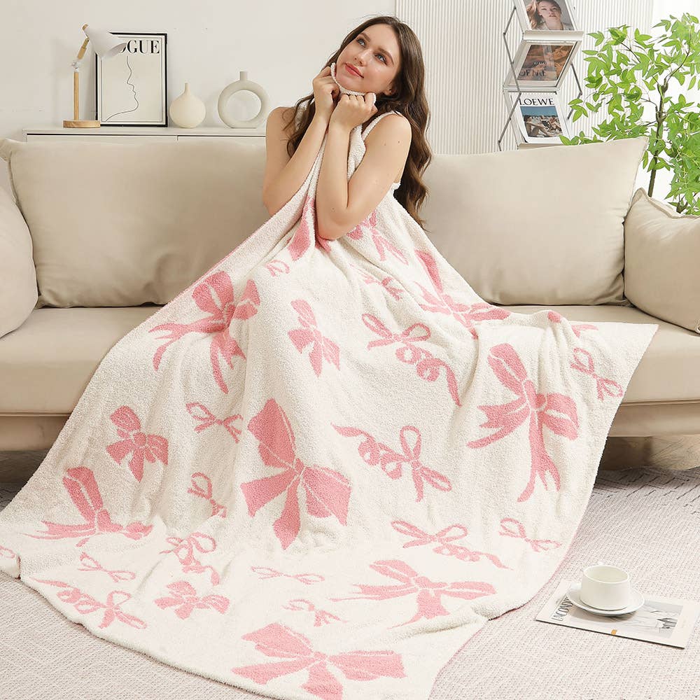 Girly Pink Ribbons Throw Blanket, Reversible Bow Print, Snuggle - Ready Home Comfort Gift for Stylish Ladies - Nifty Decor & More