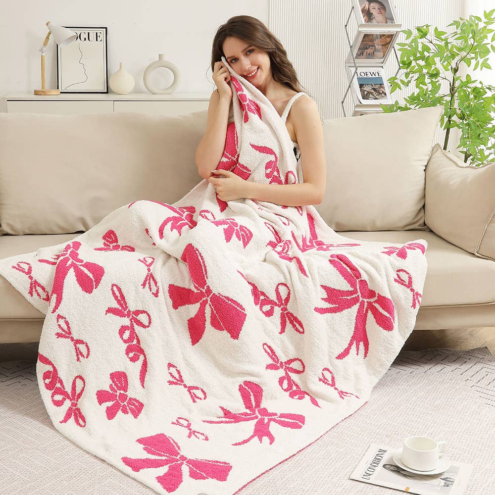 Girly Pink Ribbons Throw Blanket, Reversible Bow Print, Snuggle - Ready Home Comfort Gift for Stylish Ladies - Nifty Decor & More