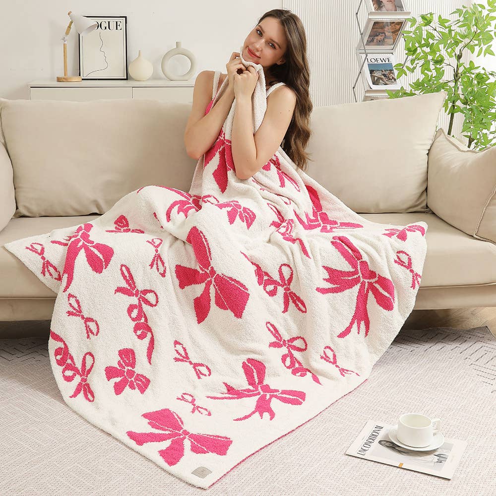 Girly Pink Ribbons Throw Blanket, Reversible Bow Print, Snuggle - Ready Home Comfort Gift for Stylish Ladies - Nifty Decor & More