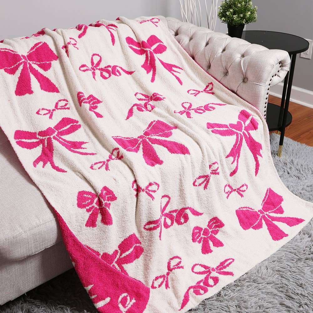 Girly Pink Ribbons Throw Blanket, Reversible Bow Print, Snuggle - Ready Home Comfort Gift for Stylish Ladies - Nifty Decor & More