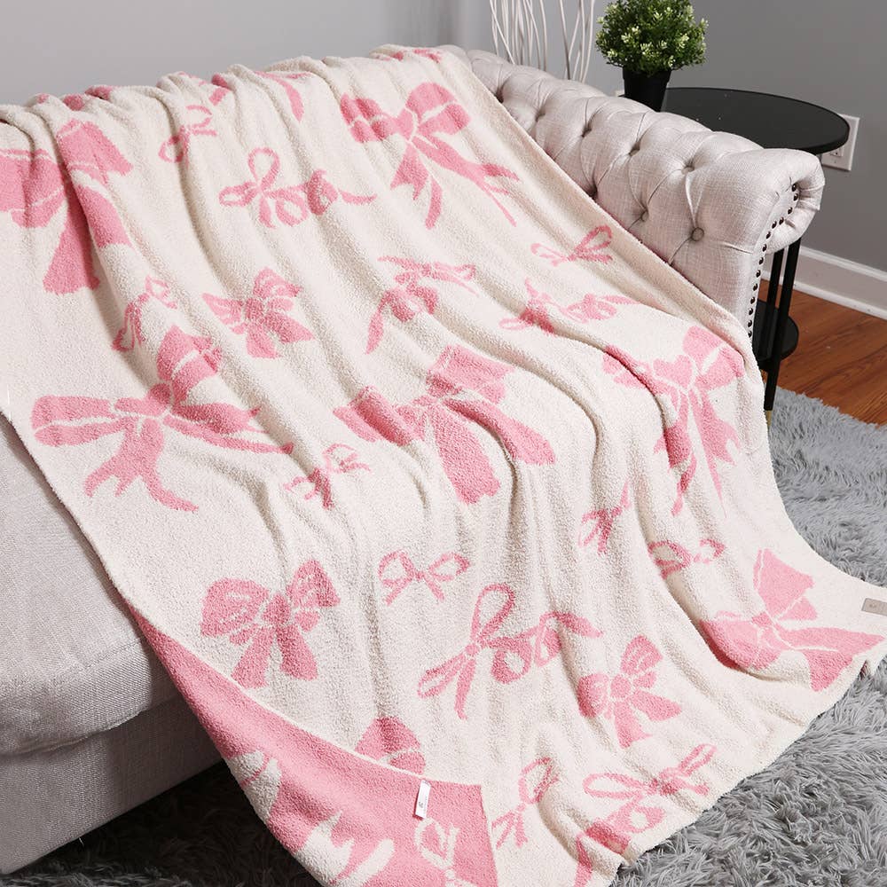 Girly Pink Ribbons Throw Blanket, Reversible Bow Print, Snuggle - Ready Home Comfort Gift for Stylish Ladies - Nifty Decor & More