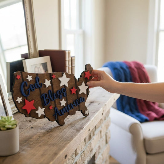 God Bless America USA Wall Decor – Patriotic Layered Wood Shield - Nifty Decor & More