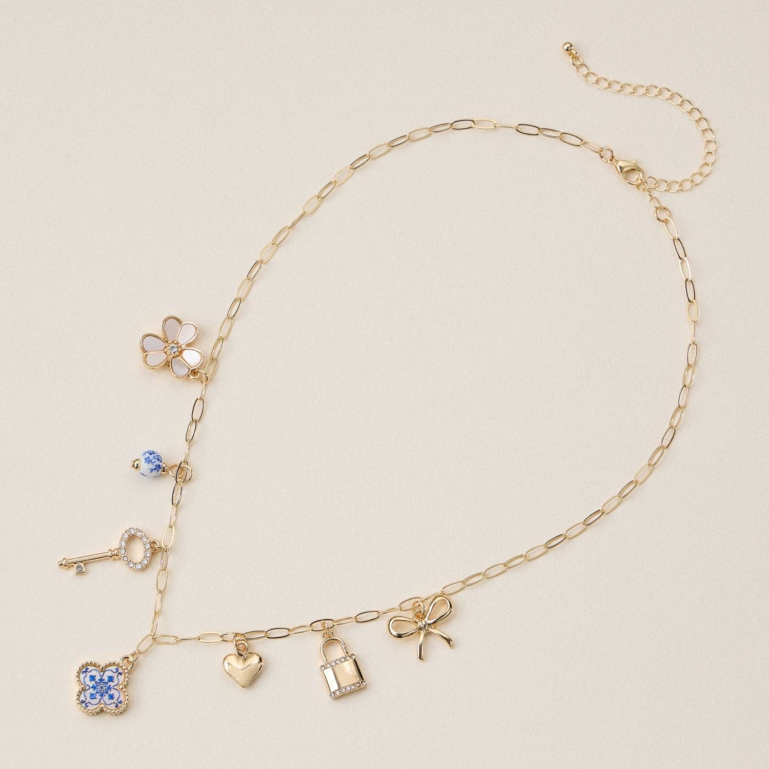 Gold Charm Necklace with Key, Heart & Floral Accents - Nifty Decor & More