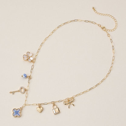 Gold Charm Necklace with Key, Heart & Floral Accents