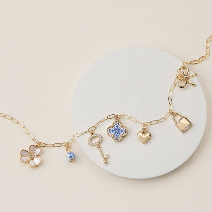 Gold Charm Necklace with Key, Heart & Floral Accents