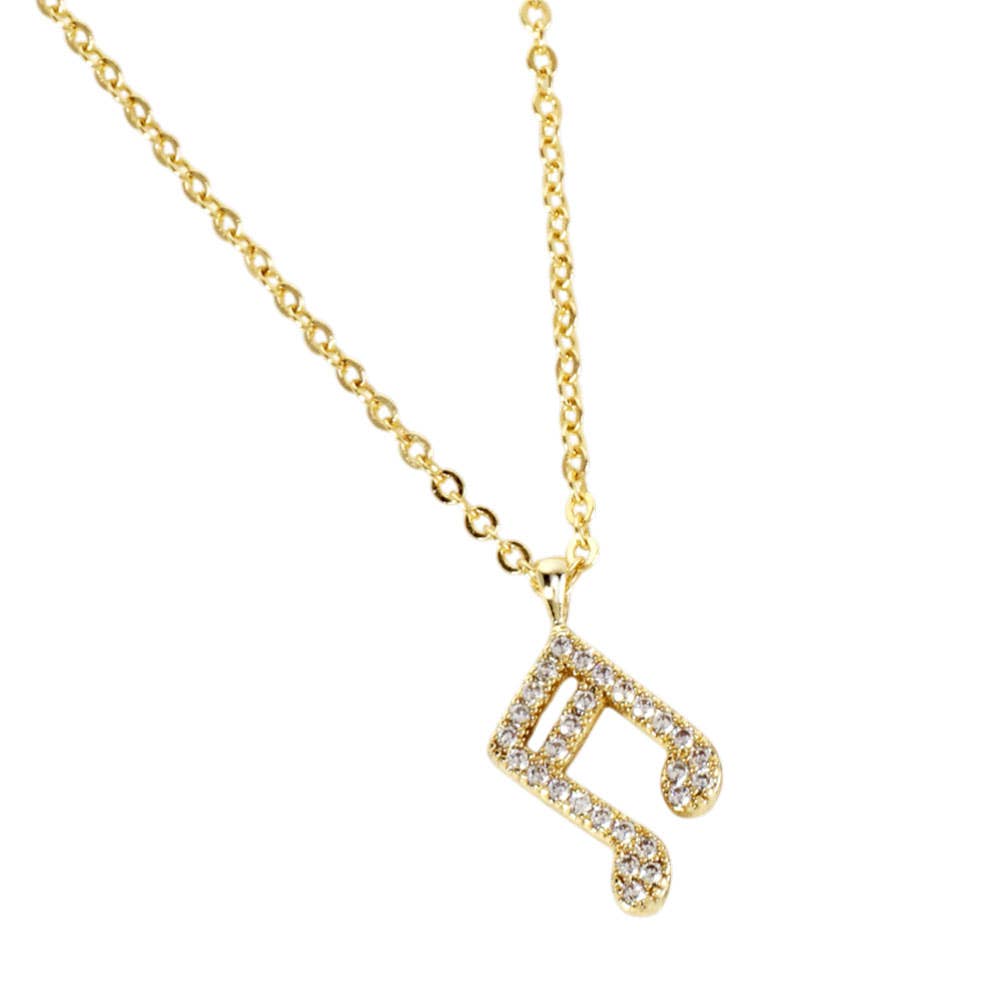 Gold Dipped CZ Stone Paved Music Note Pendant Necklace - Nifty Decor & More