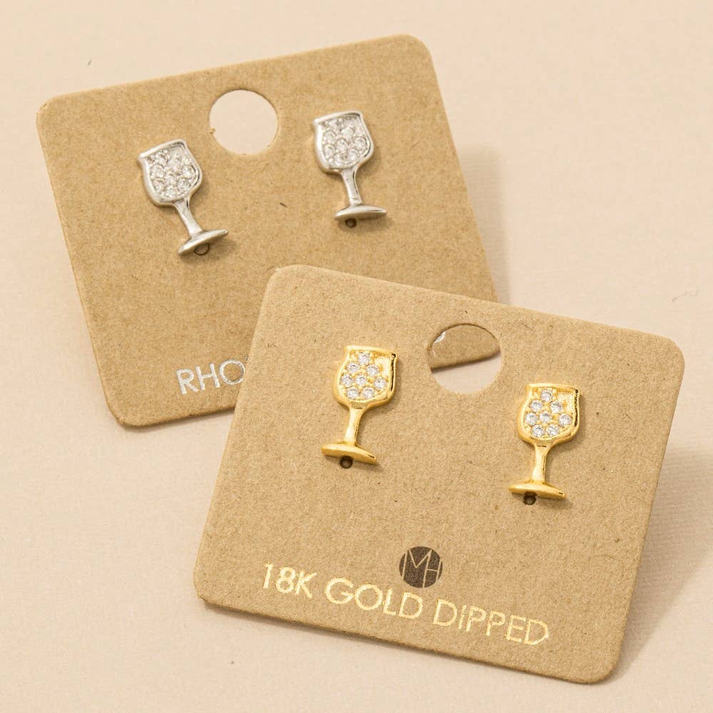 Gold Dipped Mini Pave Wine Glass Stud Earrings Earrings G