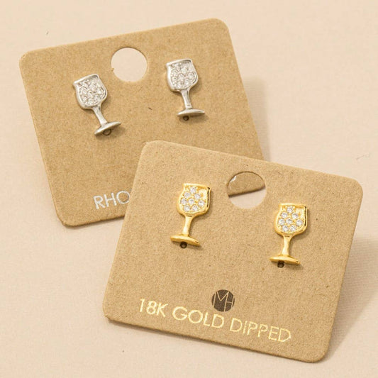Gold Dipped Mini Pave Wine Glass Stud Earrings Earrings G