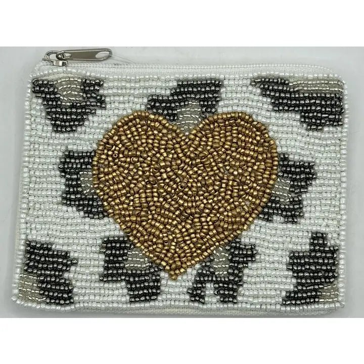 Gold Heart with Animal Print Beaded Mini Pouch - Nifty Decor & More