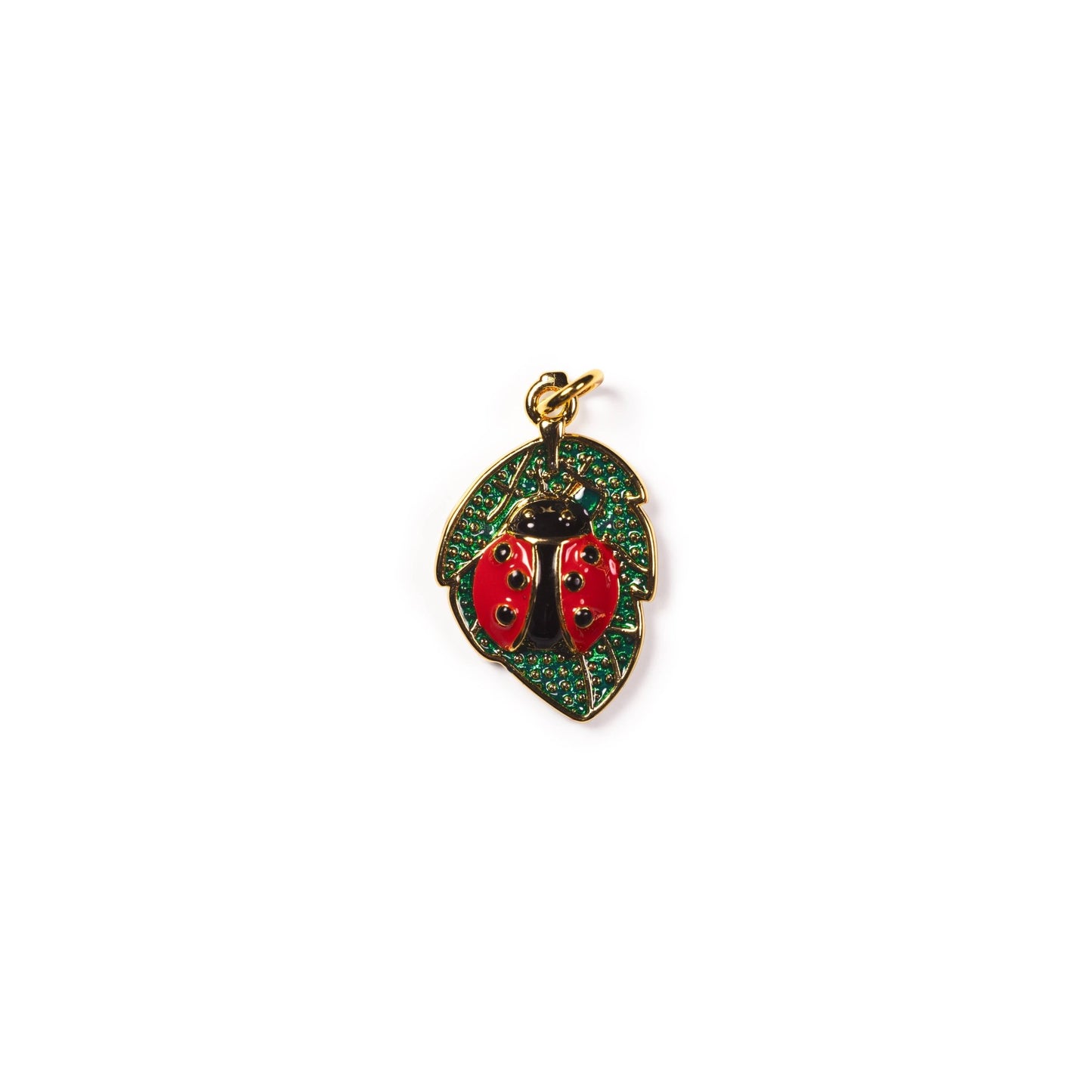 Gold Ladybug on Leaf Charm with Enamel for Jewelry - Nifty Decor & More