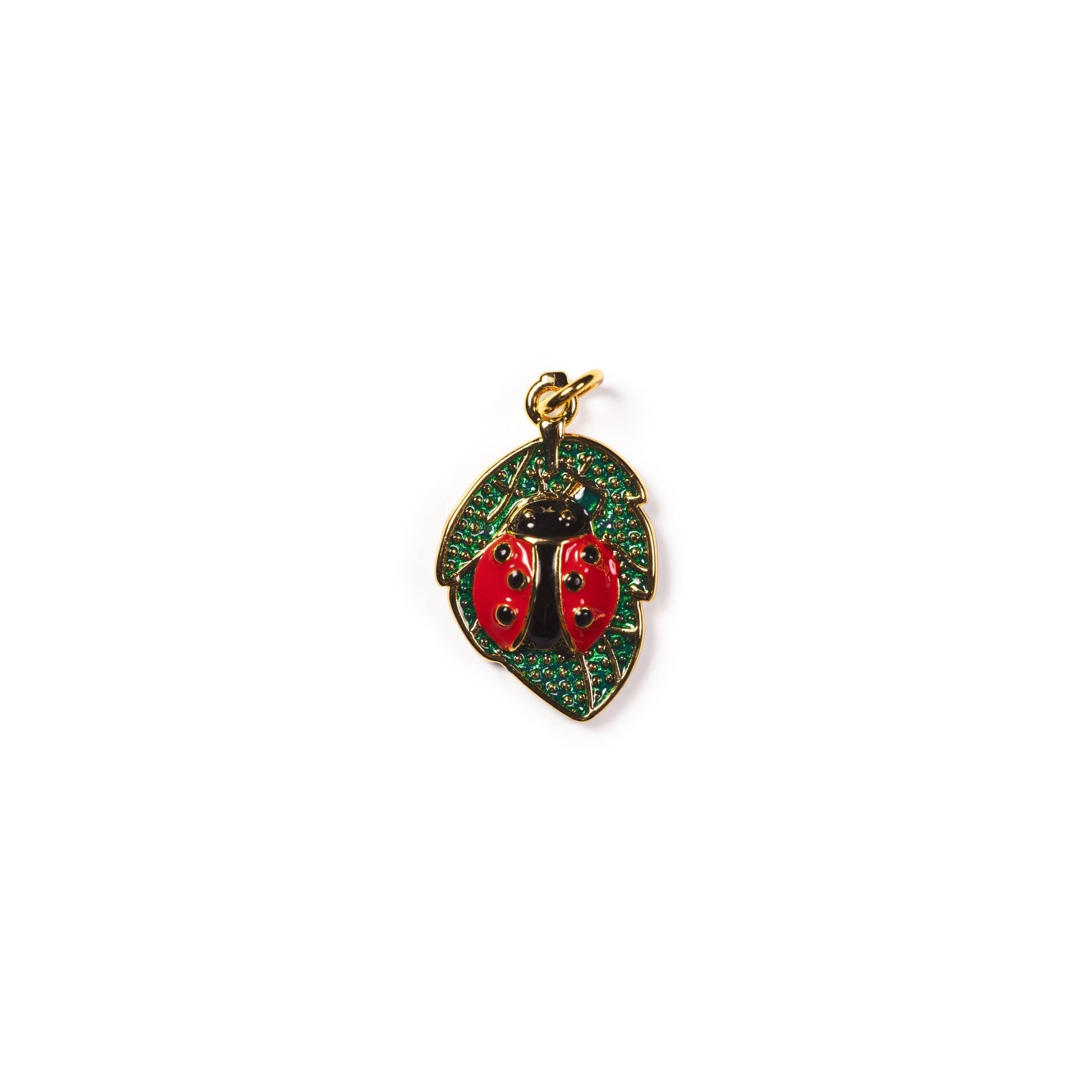 Gold Ladybug on Leaf Charm with Enamel for Jewelry - Nifty Decor & More