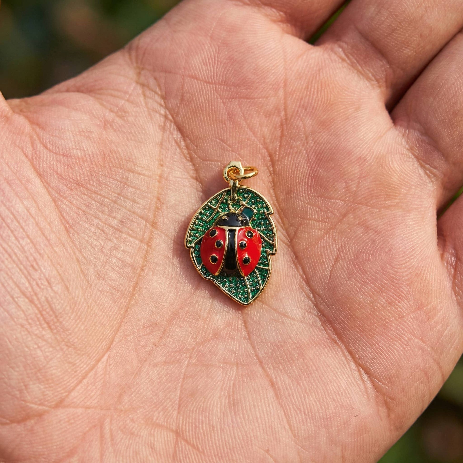 Gold Ladybug on Leaf Charm with Enamel for Jewelry - Nifty Decor & More