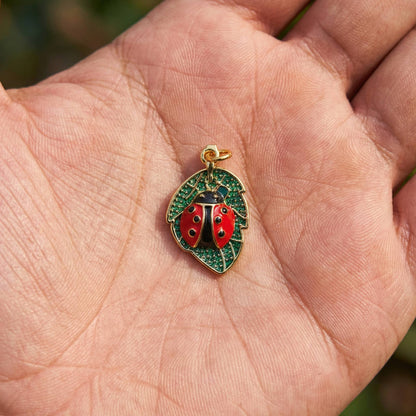 Gold Ladybug on Leaf Charm with Enamel for Jewelry - Nifty Decor & More