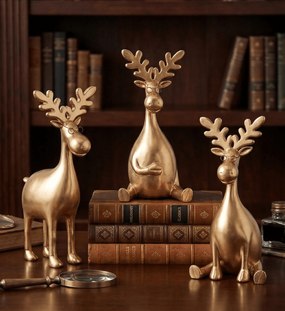 Gold Moose Figurine with Glasses – 12.75" Whimsical Resin Reindeer Statue, Modern Lodge & Home Office Decor (3 Styles) - Nifty Decor & More