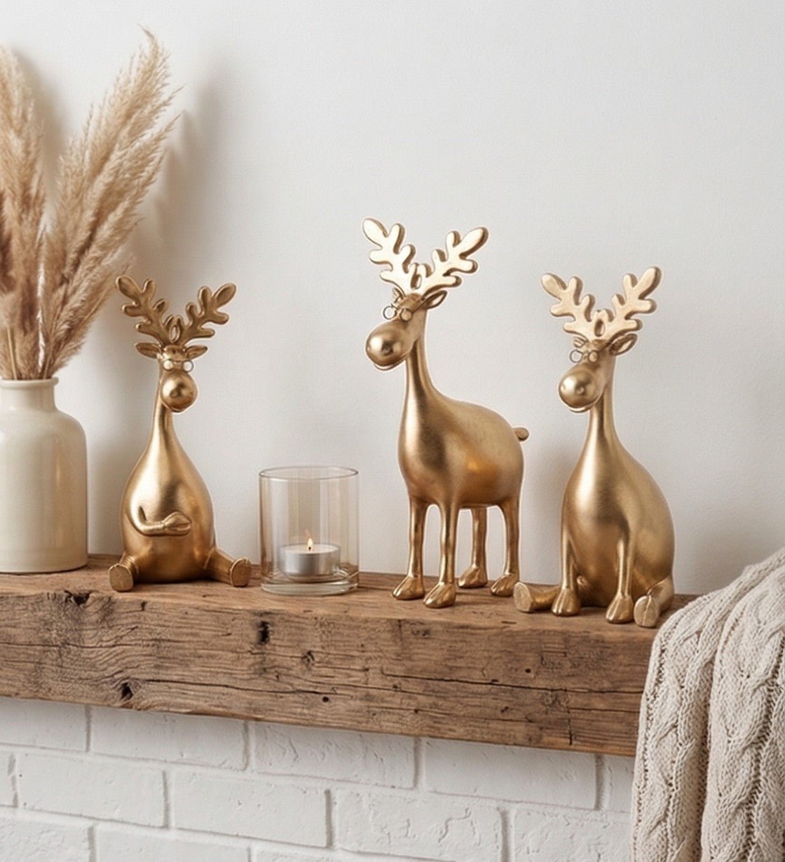 Gold Moose Figurine with Glasses – 12.75" Whimsical Resin Reindeer Statue, Modern Lodge & Home Office Decor (3 Styles) - Nifty Decor & More